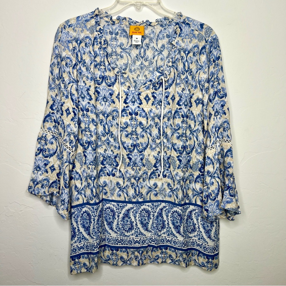Ruby Rd blue and white paisley blouse boho style top